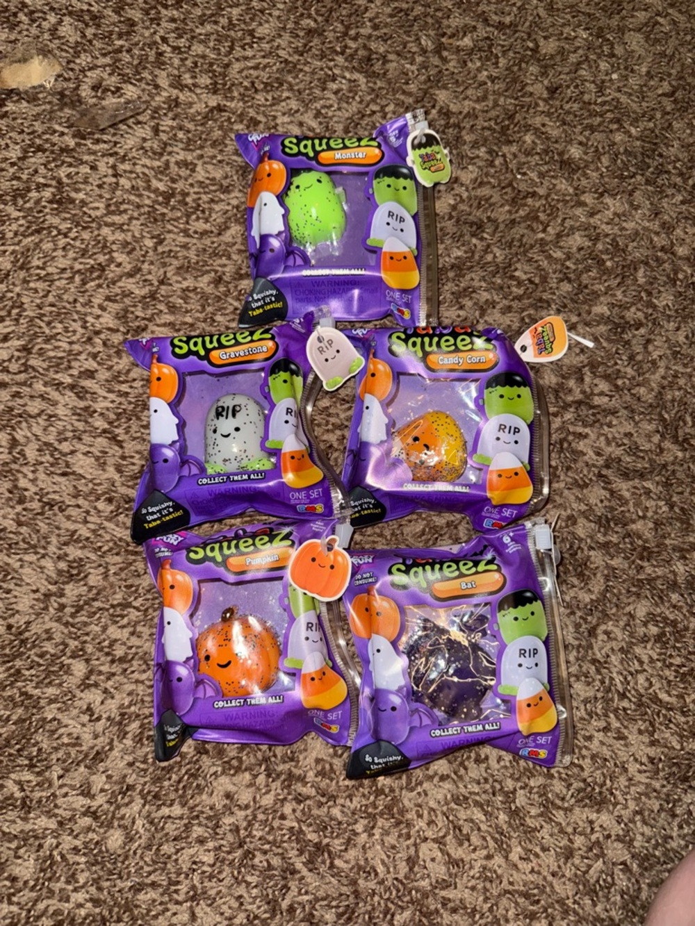 5 Taba Squeeze Halloween Squishys Monster, Gravestone, Pumpkin, Candy Corn, Bat